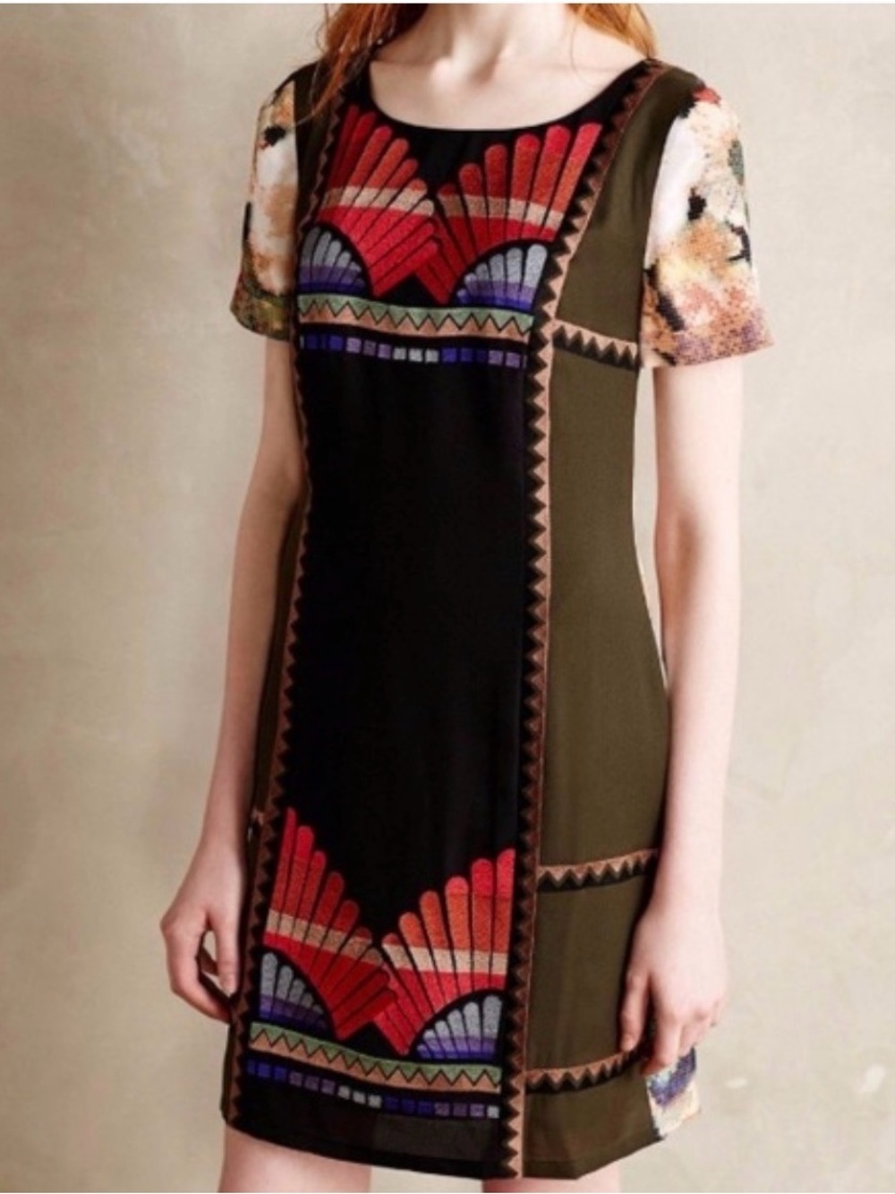 Ranna Gill Embroidered Shift Dress Boho Floral Art Deco Mini Lined Size 0